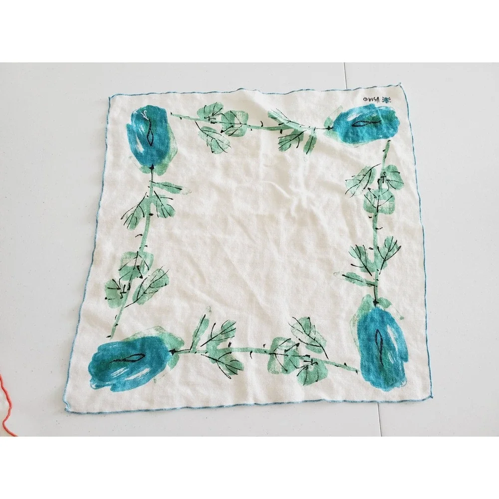 Vera Neumann Vintage‎ Linen Napkins Set 2 Red Teal Blue Rose Floral MCM 70s